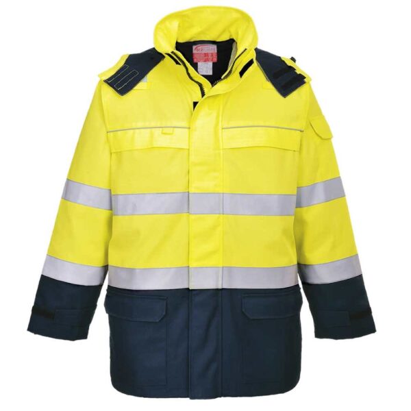 FR79 Portwest bizflame rain hi vis contrast fr jacket yellow navy